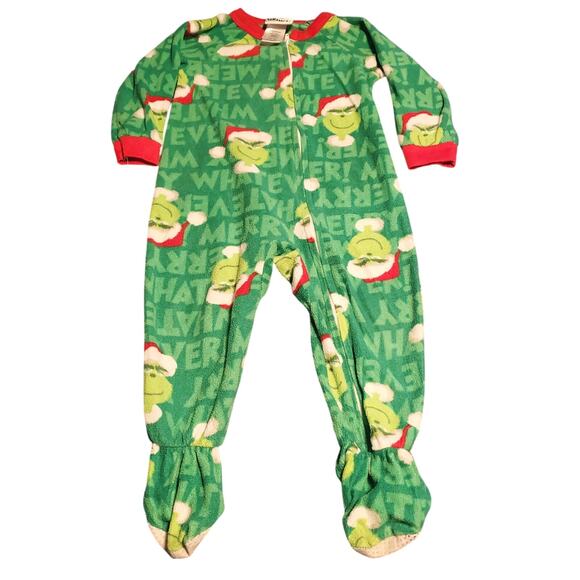 The Grinch Size Toddler 18M Unisex Zip Up Fleece Pajamas Footed - Picture 1 of 4